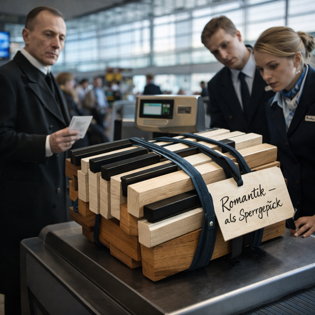 Humorvolles Musikmoment zu Sergei Rachmaninoff mit übergrossen Klavierakkorden und romantischer Konzertstimmung