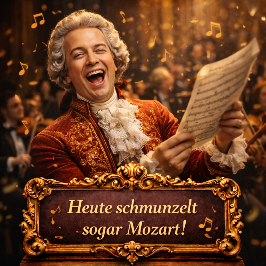Verspieltes Musikmoment im Mozart-Modus mit lächelndem Gesang und klassischem Augenzwinkern
