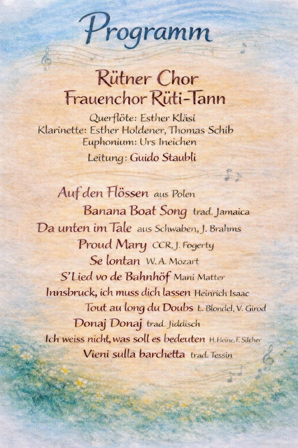 Programm zum Frühlingskonzert 2026 mit Liedübersicht von Rütner Chor und Frauenchor Rüti-Tann
